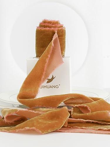 HUIHUANG Cinnamon Velvet Ribbon 2 inch Handmade Frayed Silk Velvet Ribbon for Flower Bouquet, Gift Wrapping, Invitations, Holiday Christmas Decor, Wedding Bridal Shower Decor-3 Yards