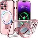 Magnetic for iPhone 14 Pro Case with Invisible Stand[Compatible with MagSafe][Full Camera Lens Protector][Military Drop Protection] Shockproof Not Yellowing Clear Slim Soft for Women Men (Pink)