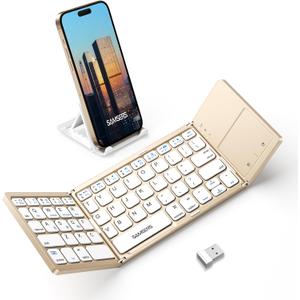 Samsers Multi-Device Foldable Bluetooth Keyboard with Touchpad, Rechargeable Folding Keyboard with Holder, Portable Travel for Android Windows iOS Mac OS, Support 3 Devices - Gold (2.4G + BT x2)