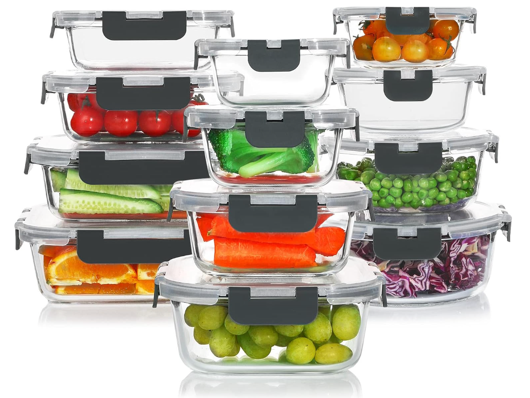 KOMUEE 24 Pieces Glass Food Storage Containers Set,Glass Meal Prep ContainersStackable Airtight Glass Storage Containers with lids,Freezer, Microwave, Oven Safe,Blue