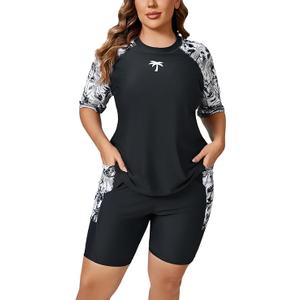 Halcurt Women's Plus Built in Bra Rash Guard Two Piece Swim Shirt and Pockets Boyleg Shorts (2X)