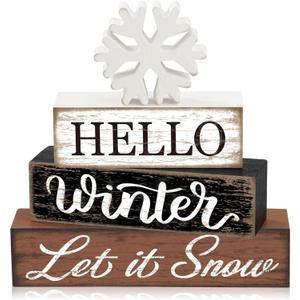 4 Pcs Winter Snowflake Wooden Table Block Sign Christmas Tiered Tray Decor Hello Winter Wood Tabletop Centerpiece Let it Snow Rustic Farmhouse Table Decorations for Xmas Holiday Home Shelf Party Decor