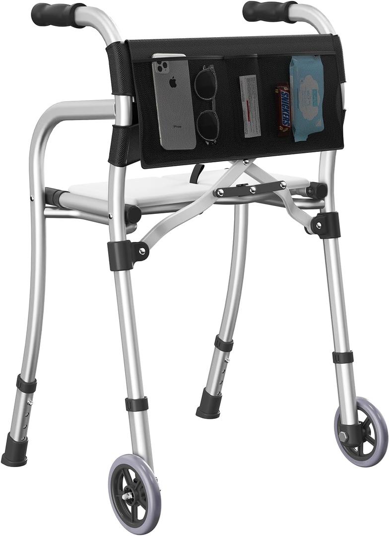 Walkers for Seniors, Folding Standard Walker with Seat, Lightweight Aluminum Mobility Rolling Walker for Seniors and Adults, Compact Travel Walker Height Adjustable, Supports 350 lbsOnly 8LBS (Silver)