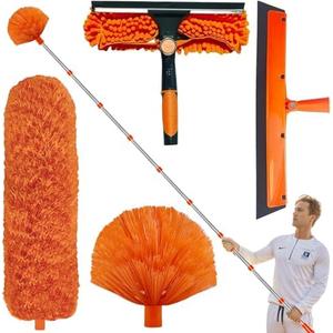 20+ Feet High Reach Duster Kit with 3-14 ft Extension Pole // High Ceiling Dusting and Window Cleaning Kit with Spliceable Pole - Window Washer & Squeegee, Cobweb Duster, Fan Blade and Feather Dusters