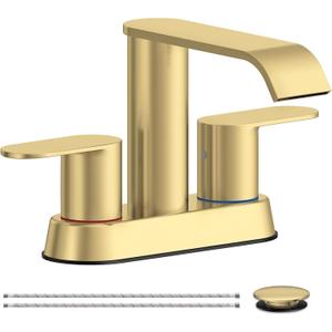 Homevacious Brushed Gold Bathroom Faucets Waterfall 4 Inch Centerset Bathroom Sink Faucet Stainless Steel with Pop up Sink Drain Stopper Supply Hose Basin Mixer Tap for Vanity RV 2 or 3 Hole Sink