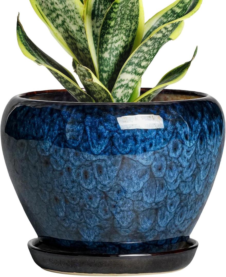 6 Inch Plant Pot - Ceramic Pots for Plants with Drainage Hole and Saucer, Round Succulent Planter Indoor Outdoor, Modern Flower Pot for Snake Plants, Home Decor, Gifts for Plant Lover, Blue