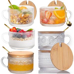 Vintage Glass Coffee Mugs Tea Cups 6Pcs Set with Bamboo Lids and Spoons, 15oz Embossed Clear Glassware Tea Cups, Ideal Coffee Bar Teapot Accessories for Latte, Tea Christmas Gifts