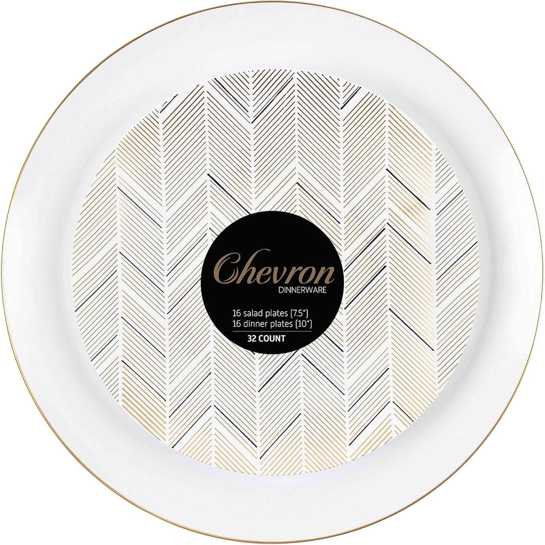 PLASTICPRO 128 Pack Elegant Disposable Plastic Plates Combo Set Bulk Pack Includes 64 Dinner Plates and 64 Salad Plates Heavy Duty Fancy Party Plates Gold and Black Zig Zag Design (Black & Gold Zig Zag)