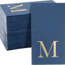 Sparkle and Bash 100 Pack Navy Blue Monogrammed Napkins with Letter M - Dinner, Wedding Reception, or Engagement Party - Disposable Navy Blue Paper Napkins (4x8 Inches)