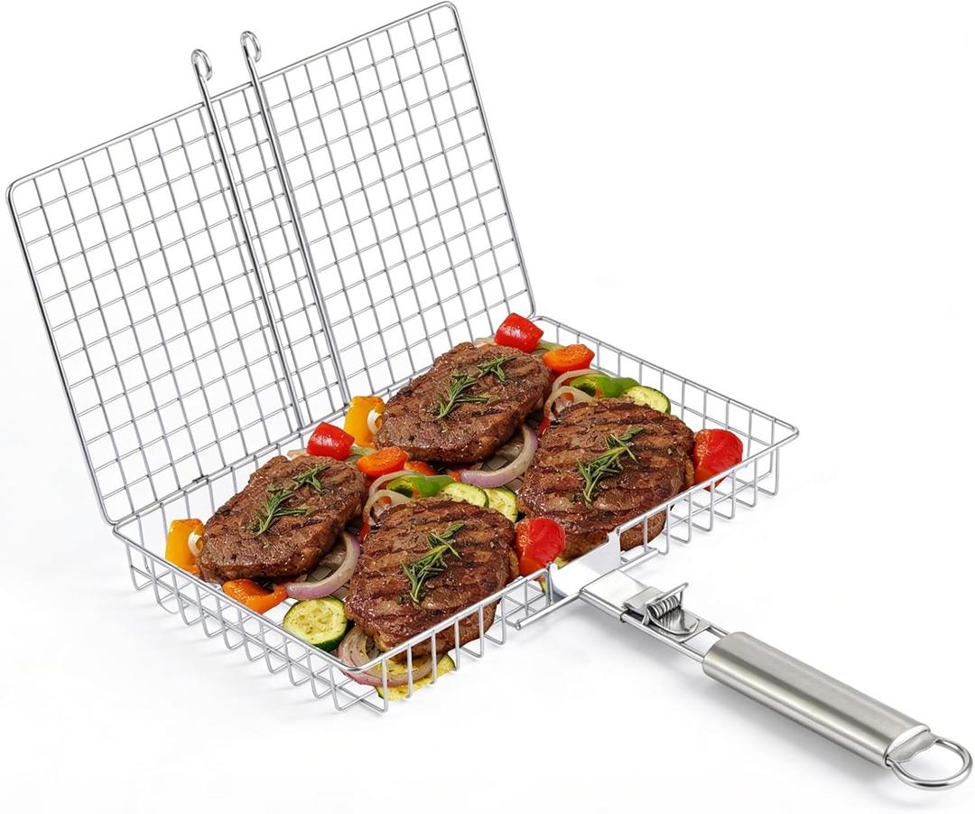Grill Basket, Stainless Steel Fish Grill Baskets for Outdoor with Detachable Handle - Perfect for Fish, Meat, Vegetables and Ideal as Grilling Gifts for Dad, Barbecue Accessories for Camping and Cooking Essentials.