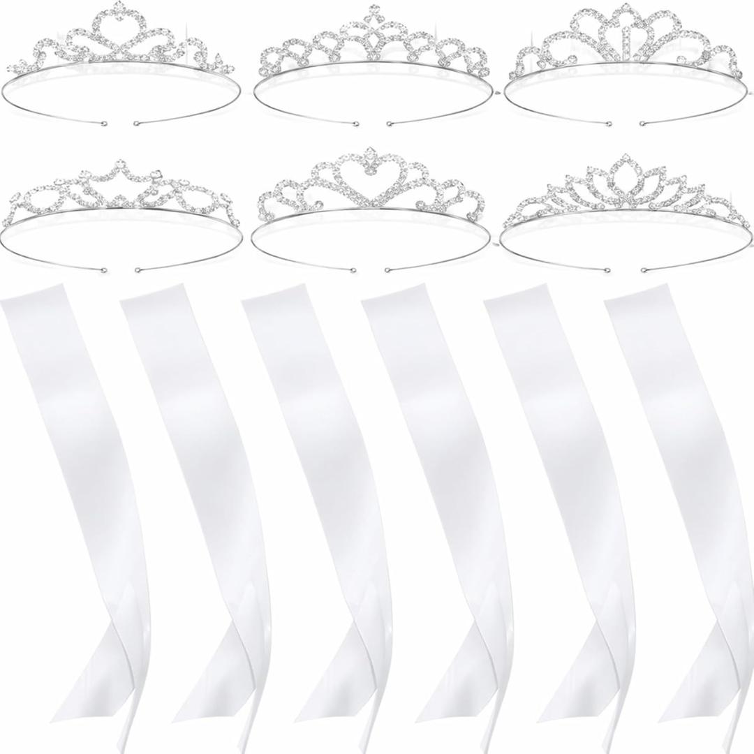 6 Set White Sashes for Pageants Party Accessories Prom Queen Crown Blank Sashes Rhinestones Tiara Satin Sash for Wedding Prom Party Decorations DIY