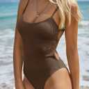 ZAFUL One Piece Swimsuit for Women Ribbed Scoop Neck 1 Piece Bathing Suits Open Back Cheeky High Cut Swimsuits Light Coffee L