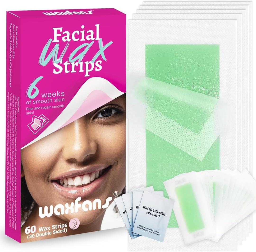 Waxfans Wax Strips for Hair Removal, 60 Counts Facial Wax Strips for Face,Eyebrow,Body,Bikini,Underarms,Legs, Easy at Home Waxing Kit for Women with 4 Oil Wipes for Sensitive Skin (Pink)