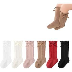 Baby Toddler Girls Ruffle Socks Newborn Infant Girl's Knee High Solid Cotton Long Socks (1-3T, Knit Bow-6 Pairs)