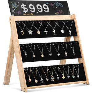 Necklace Display for Vendors, 3 Tier Foldable Jewelry Display Stand with 66 Slots, Wooden Chain Necklace Holder with Velvet for Selling, Jewelry Storage Organizer for Craft Show