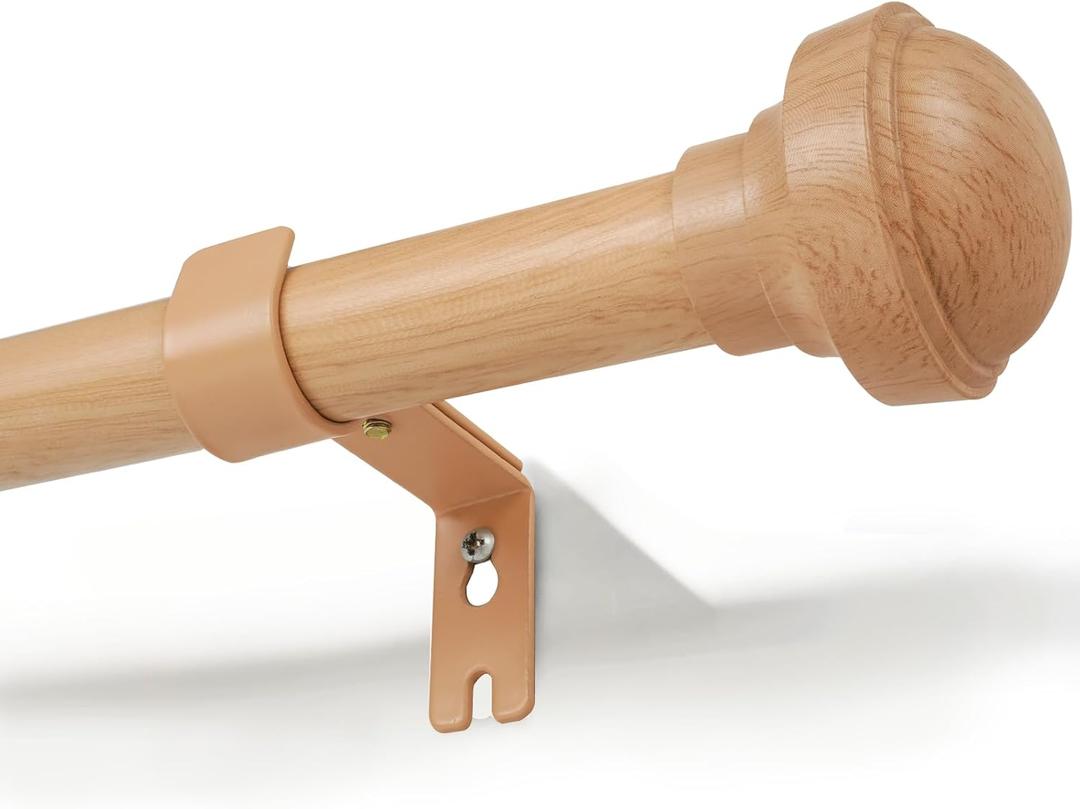 Wood Curtain Rods for Windows 72 to 144, 1 inch Telescopic Adjustable Heavy Duty Long Curtain Rod with Adjustable Brackets, Easy Install & Modern Finials, Fits Various Room Styles, Wood color