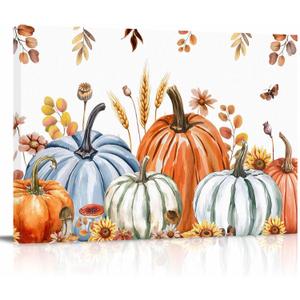 Fall Orange Blue Pumpkin Canvas Print Wall Art Brown Leaves Butterfly Botanical Thanksgiving Harvest Wall Decor Modern Artwork Paintings for Living Room Stretched and Framed Ready to Hang 12" x 16"