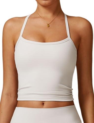 QBGJTD Womens Longline Sports Bras Cross Back Active Gym Yoga Padded Workout Crop Tank Top with Built in Bra, White, Small