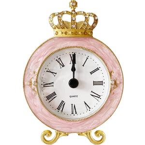 Vintage Mini Analog Table Clock, Silent Crown Table Clock with Hand-Painted Metal Body and Battery Operated Non-Ticking Core for Shelf, Living Room, Bedroom, Bedside, Desk (Pink)