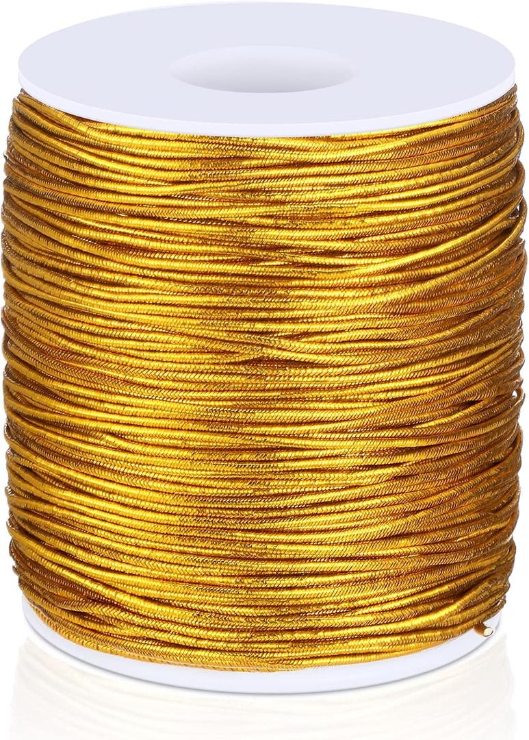 100 Yards Metallic Stretch Cord Elastic Cords Ribbon Colored Metallic Elastic String Rope Stretchy Tinsel Cord Rope for Christmas Ornament Hanging Craft Jewelry Making Gift Wrapping (Gold)