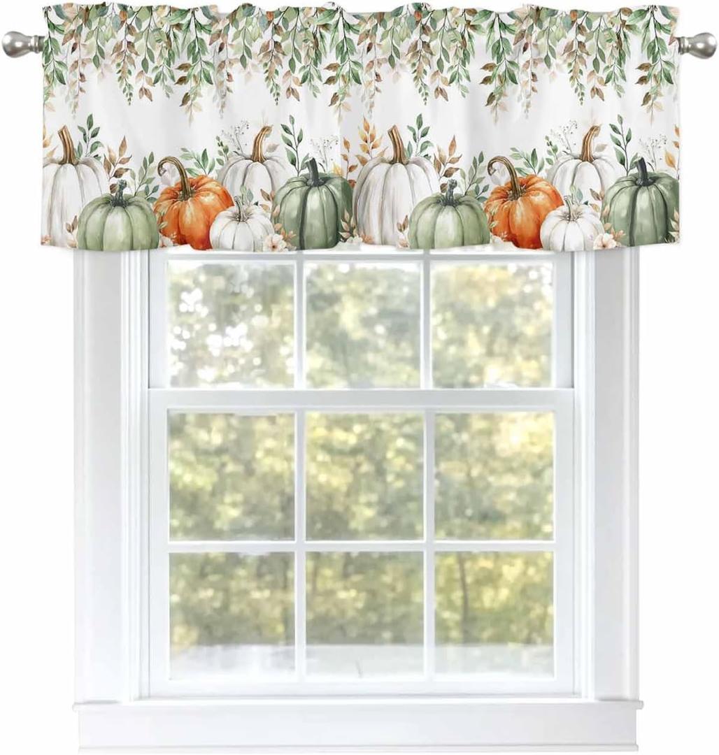 Fall Thanksgiving Pumpkin Valances for Windows Green Eucalyptus Leaf Fall Harvest Pumpkin Flowers Rod Pocket Curtain Valance Window Treatment Short Curtains for Kitchen Living Room, 54"x18" (White)