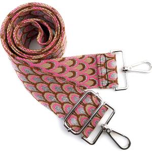 Pink Silver Thread Peacock Purse Strap with Silver Hardware 2 Inch Wide Replacement Crossbody Guitar Style Shoulder Strap for Handbags Totes