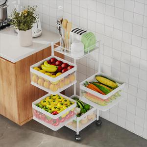 Rotating Kitchen Storage Rack,Fruit and Vegetable Basket Cart,Bathroom Shelf,Kitchen Organization and Storage Rack,Rolling Carts on Wheels(White, 4 Tier-Square)
