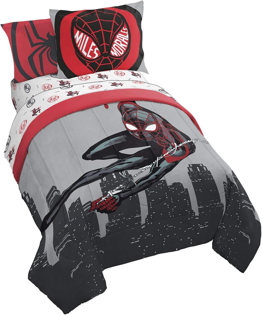 Jay Franco Marvel Miles Morales New Kid 5 Piece Twin Bed Set - Includes Comforter & Sheet Set Bedding - Super Soft Fade Resistant Microfiber (Official Marvel Product)