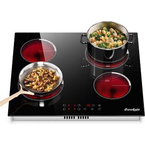 Electric Cooktop 24 Inch, 4 Burner Electric Stove Top Drop-in(22.05"x19.3") 220V-240V, 24 Inch large Ceramic Stovetop with Ceramic Glass, Timer, Kids Safety Lock, 220V Hard Wired (No Plug)