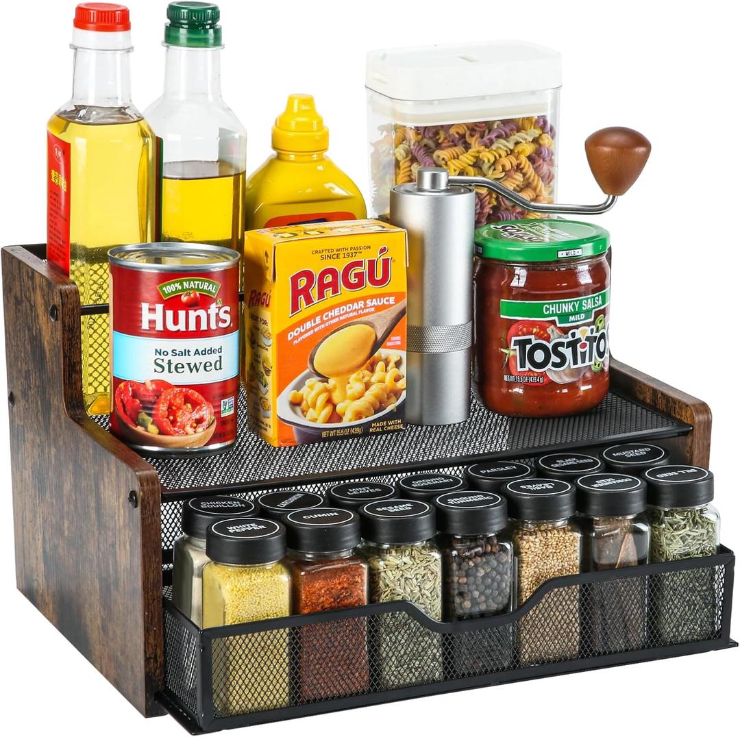 Bathroom Counter OrganizerWood & Iron Spice Rack Organizer - Space Saving Desktop Storage Shelf for Kitchen Countertop, Office, Bathroom,Easy Assembly
