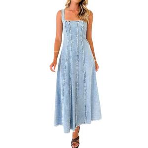 utcoco Jean Dress for Women 2025 Vintage Sleeveless Slim High Waist Frayed Raw Long Maxi Denim Dresses (XX-Large, Light Blue)