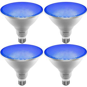 Familite Blue Dusk to Dawn PAR38 LED Flood Light Bulbs with Auto On/Off Light Sensor for Porch Security or Landscape Lighting, Halloween, Christmas, Party, 30W = 100W, IP65 Waterproof, Pack of 4