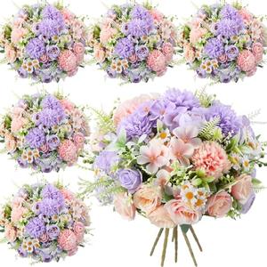 Tigeen 6 Bundles Artificial Bouquet Flowers Artificial Peonies Faux Roses Hydrangea Flowers Bouquet for Wedding Table Centerpiece Floral Vase Decor (Pink,Purple)