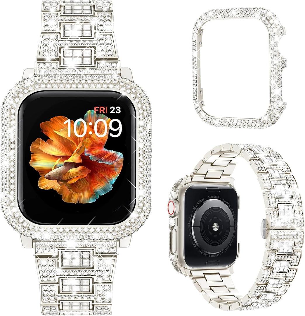 Mosonio Compatible with Bling Apple Watch Band Women with Shiny Metal Case, Full Sparking Luxury Diamond Bands and Cover Set, Charming Wedding Strap for iWatch Size: 45mm (Series 9/8/7) (Starlight)