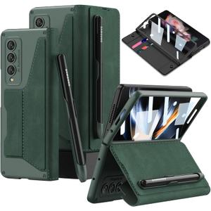 DEMCERT for Samsung Galaxy Z Fold 4 5G with S Pen Slot,Military Armor Cases Full Body Protective Anti-Scratch Hard Slim Leather Bracket Case with Screen Protector for Galaxy Z Fold 4 5G (Green) (Samsung Galaxy Z Fold 4, Green)