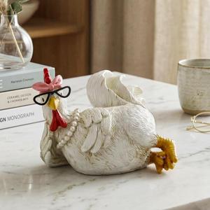 Yerliker Resin Chicken Figurine with Glasses Table Art Sculpture White Rooster Statue Funny Resin Figurine Decoration Rustic Country Kitchen Decoration for Home Office Desk