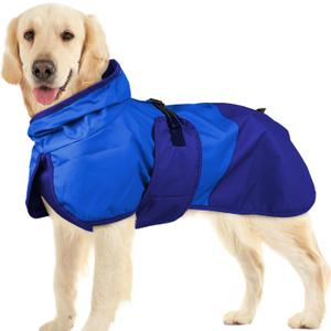 BRKURLEG Dog Raincoat Adjustable Dog Rain Jacket with Hood Dogs Waterproof Rainproof Jacket with Leash Hole Pet Poncho Rain Coat Poncho with Reflective Strip, Blue, XXXL (XXXL(Back Length26.7"))
