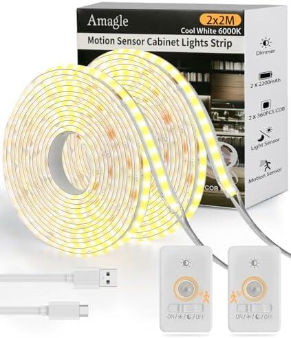 Rechargeable Under Cabinet Lighting Wireless Battery Operated, 2 Pack 6.56FT 2200mAh COB LED Light Strips Motion Sensor Under Counter Lights for Kitchen, Battery Powered Closet Shelf Hallway Led Light