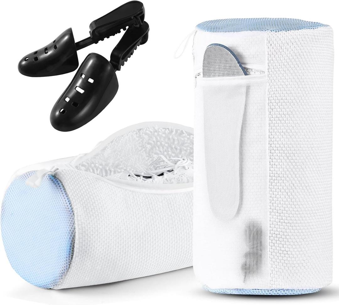 2 Pack XXL Shoe Washing Machine Bag, 700 GSM Heavy Duty Shoes Cleaning Bag with Anti-Tangle Mesh Pocket, 2 Adjustable Shoe Trees Keep Shape, Reusable Sneaker Laundry Bag, Mothers Day Gifts, White