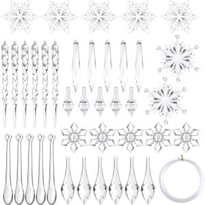 FEPITO 85 PCS Christmas Decoration Acrylic Snowflake Icicles Christmas Tree Icicle Snowflake with Crystal Line Ornaments Set for Christmas Party Decorations