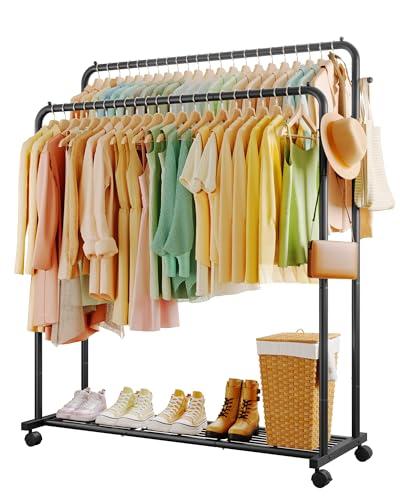 Sakugi Clothes Rack - Double Rods Clothing Rack with Mesh Shelf, Hooks & Wheels, Metal Clothing Racks for Hanging Clothes & Bags, Multifunctional Garment Rack for Laundry, Black, 47.2" x 16.9" x 59.1"