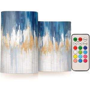 Abstract Oil Painting in Blue Flameless Candles Color Changing LED Candles with Remote Control Battery Candles for Outdoor and Indoor Home and Room Decoration, 3'' x 4''/5'' Set of 2 Pieces