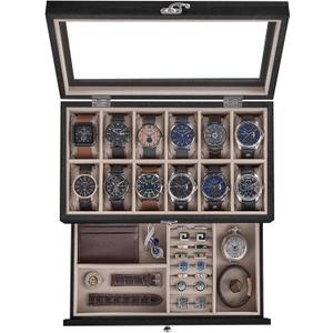 SONGMICS 12-Slot Watch Box, 2-Tier Watch Display Case with Large Glass Lid, Removable Watch Pillows, Velvet Lining, Jewelry Box, Gift Idea, Ebony Black UJOW012B01