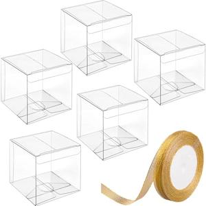 JOERSH 3x3x3 Inches Clear Favor Boxes with Gold Gift Ribbons 30 PCS Transparent Plastic 3 Inch Mini Cube Gift Packaging Box for Party favors, Treats and Minigifts