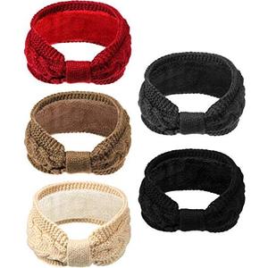 WILLBOND 4 Pieces Winter Cable Knit Headbands Fleece Lined Headbands Thick Crochet Turban Bowknot Ear Warmer for Women Girls
