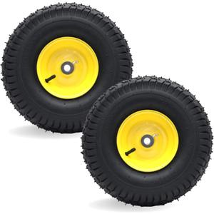 AR-PRO Exact Replacement 15" x 6.00-6" Front Tire and Wheel Assemblies Compatible with John Deere Riding Mowers 100 and D100 Series - 3" Centered Hub and 3/4" Bushings, 4Ply Pneumatic (Set of 2) (Yellow)