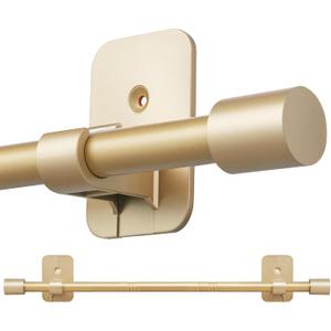 Curtain Rods No Drilling for Windows 30 to 60 Inch, 5/8" Adjustable Gold Curtain Rod, Renter-friendly with Adhesive Brackets for Drill-free Installation.