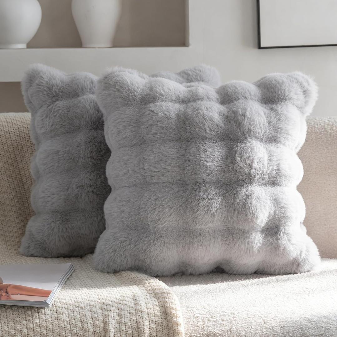 Neelvin Gray Faux Fur Pillow Covers Set of 2, Luxury Soft Fluffy Throw Pillow Covers for Couch, Fuzzy Decorative Plaid Plush Cushion Cases for Living Room Sofa Bedroom Decor (Lightgrey)