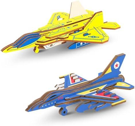 3D Wooden Puzzle Fighter Model Sets - 2 Piece Kits Aircraft Puzzles Crafts Assembly Building Blocks DIY STEM Toys - Wood Aircraft F16 & F22 Brain Teaser Puzzle for Adults Teens Boys Girls