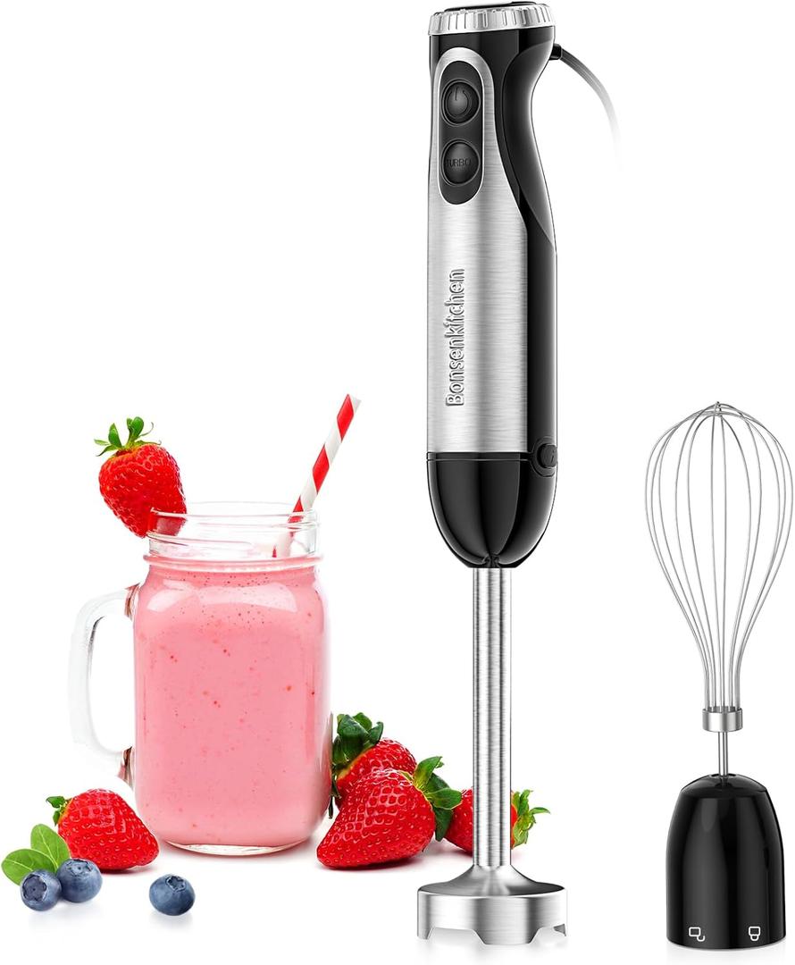 Bonsenkitchen Immersion Handheld Blender with Whisk, 20-Speed & Turbo Mode Hand Blender Stick 500W, 304 Stainless Steel Hand Blender for Soup, Smoothie, Puree, Baby Food (2-in-1)